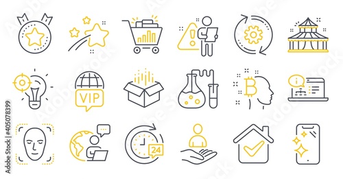 Set of Business icons, such as Cogwheel, Face detection, Recruitment symbols. Bitcoin think, Online documentation, Seo shopping signs. Circus, Smartphone clean, Vip internet. Open box. Vector
