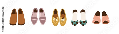 Women s shoe wardrobe. Set of female fashion footwear. Brogues, pointed loafers, high heel sandals with crosswise straps and summer closed-toe footgear. Flat vector illustration isolated on white