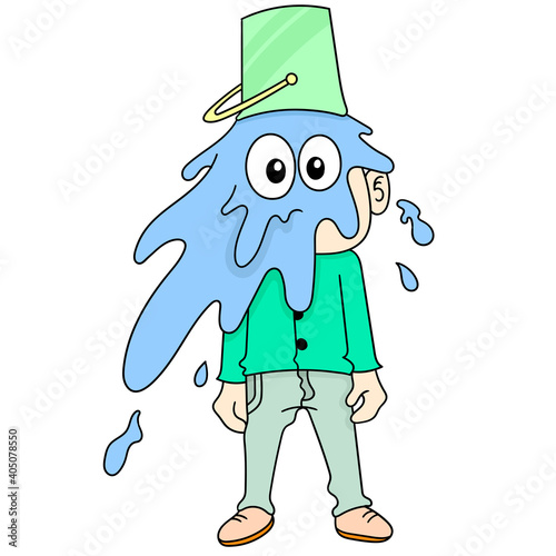 someone is standing, splashed with water from a bucket, doodle icon image