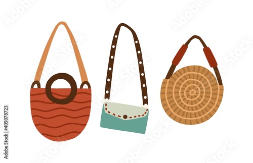 Set of modern fashion women bags. Handbag, round straw purse and clutch with shoulder belt. Collection of stylish female accessories. Colored flat vector illustration isolated on white background