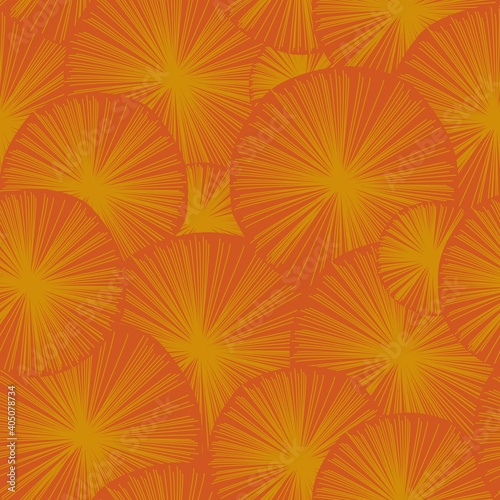 Simple Seamless Pattern with Yellow Circles Texture on Orange Background. Trendy Modern Wallpaper for Textile Design, Packaging, Posters. Bohemian Pattern. Boho Textile Design. Vector EPS 10.