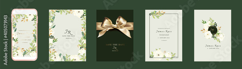 Green Luxury Wedding Invitation set, invite thank you, rsvp modern card Design in summer leaf greenery branches decorative Vector elegant rustic template