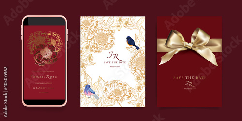 Red Luxury Wedding Invitation set,  invite thank you, rsvp modern card Design in red rose with leaf greenery branches  decorative Vector elegant rustic template
