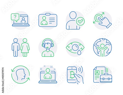 People icons set. Included icon as Touchscreen gesture, Consultant, Restroom signs. Best manager, Identity confirmed, Bitcoin pay symbols. Face id, Global business, Faq. Id card, Vacancy. Vector