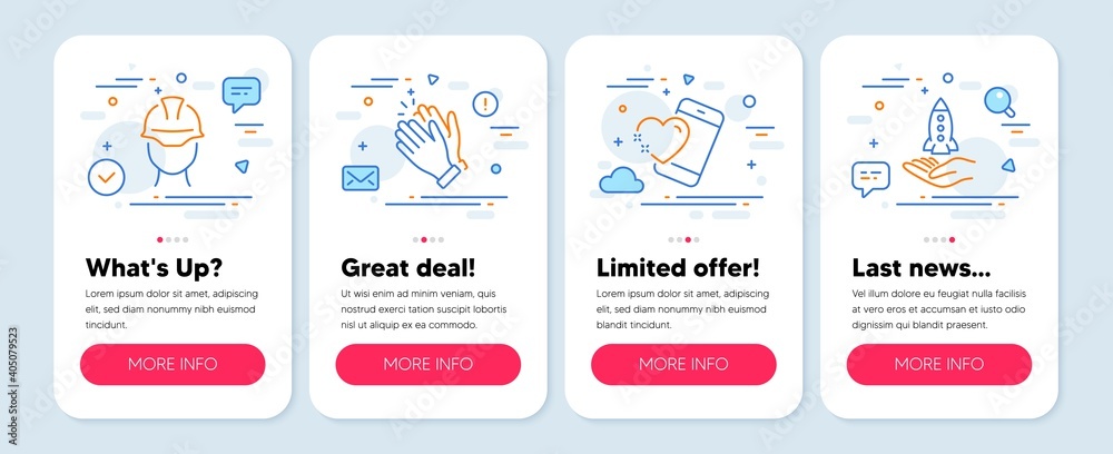 Set of People icons, such as Heart, Foreman, Clapping hands symbols. Mobile screen app banners. Crowdfunding line icons. Love call, Engineer person, Clap. Start business. Heart icons. Vector