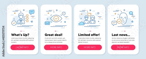 Set of People icons, such as Couple love, Third party, Biometric eye symbols. Mobile screen app banners. Health skin line icons. People in love, Team leader, Security scan. Clean face. Vector