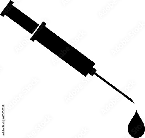 Syringe icon with drug drop illustrating vaccination an immunization. Injection shot. Simple vector design.