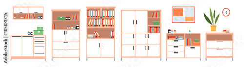 Set of illustrations about cabinets for the interior of the medical office. Hospital furniture arrangement. Boxes for storing documents and equipment. The bookcases with documents and folders