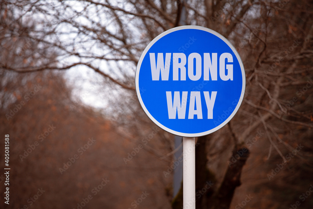 Blue Roadside Sign with the Inscription WRONG WAY in the City Park. The Concept Of Motivation.