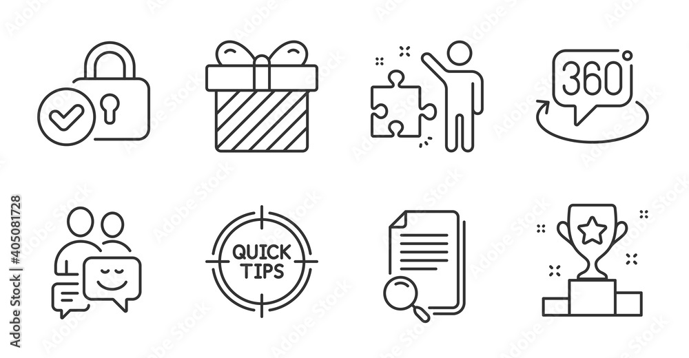 Winner cup, Strategy and 360 degree line icons set. Verified locker, Surprise and Tips signs. Search file, Communication symbols. Award cup, Business plan, Virtual reality. Business set. Vector Winner cup, Strategy and 360 degree line icons set. Verified locker, Surprise and Tips signs. Search file, Communication symbols. Award cup, Business plan, Virtual reality. Business set. Vector