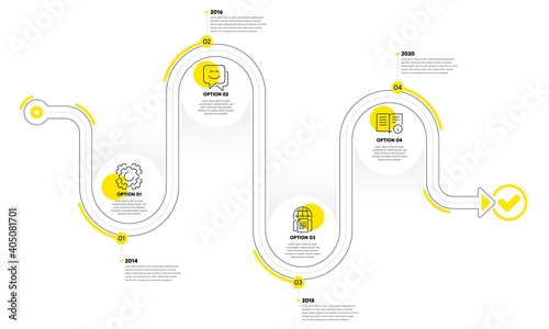 Smile face, Technical info and Seo gear line icons set. Timeline plan infograph. Internet documents sign. Chat, Documentation, Cogwheel. Web page. Technology set. Infographics process timeline. Vector