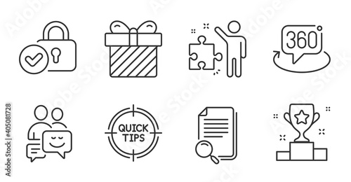 Winner cup, Strategy and 360 degree line icons set. Verified locker, Surprise and Tips signs. Search file, Communication symbols. Award cup, Business plan, Virtual reality. Business set. Vector