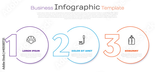 Set line Scallop sea shell, Snorkel and Aqualung. Business infographic template. Vector.
