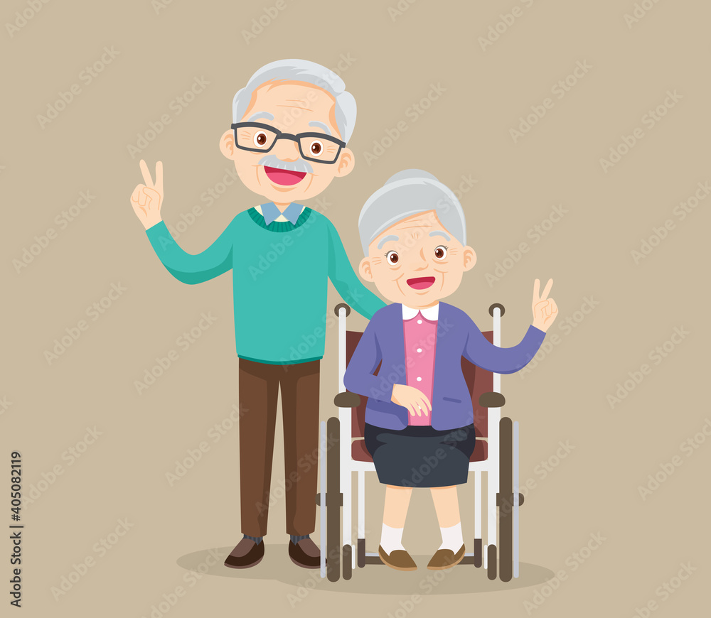 grandfather and grandmother victory hand sitting on wheelchair grandfather and grandmother victory hand sitting on wheelchair