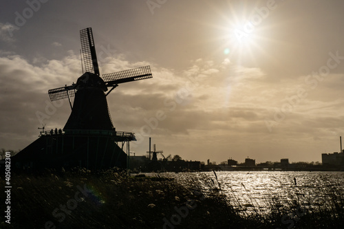 windmill at sunset in Zaanse Schans, Netherlands