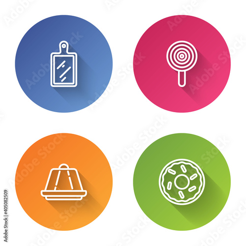 Set line Cutting board, Lollipop, Pudding custard and Donut. Color circle button. Vector.