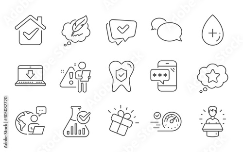 Gift, Phone password and Loyalty star line icons set. Chemistry lab, Brand ambassador and Approved signs. Internet downloading, Dental insurance and Copyright chat symbols. Line icons set. Vector