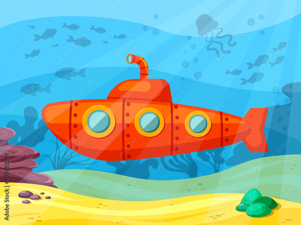 Submarine explores ocean depths illustration. Red bathyscaphe with ...