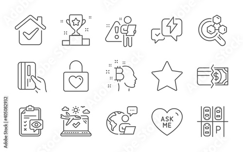 Payment methods, Payment card and Winner cup line icons set. Parking place, Lightning bolt and Airplane travel signs. Star, Ask me and Chemistry lab symbols. Line icons set. Vector