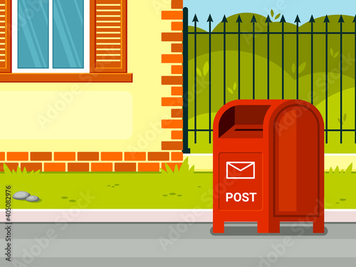 Street mailbox near house illustration. Red container for receiving correspondence against background of green lawn and private area convenient retro box written communication. Information vector.