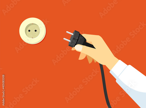 Hand brings plug socket illustration. Switching household appliances and electrical communications setting up connection preparing equipment for work launching new creative project. Red vector style.