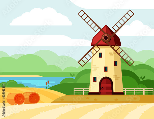 Retro windmill on field illustration. Old brick building with wooden blades processes grain from new harvest against backdrop of green grove and lake wheat milling baking fresh bread. Cartoon vector.