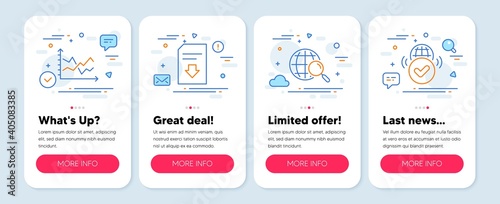 Set of Technology icons, such as Web search, Diagram chart, Download file symbols. Mobile screen banners. Verified internet line icons. Find internet, Presentation graph, Load document. Vector