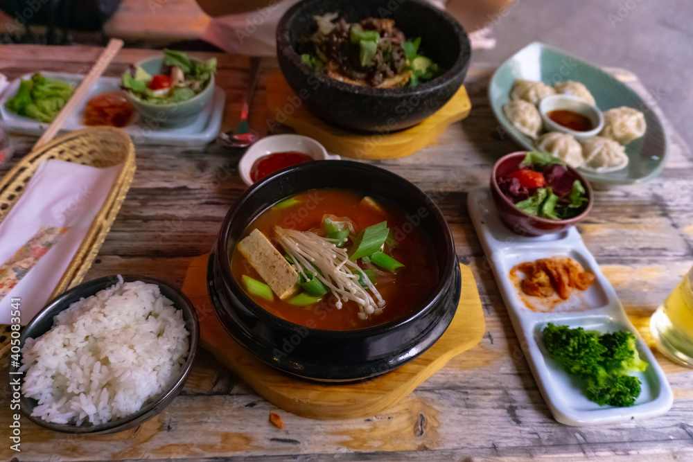 Korean style meal with kimchi soup and rice Korean style meal with kimchi soup and rice