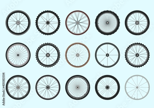 Bicycle wheels with spokes geometric tracery set. Professional toothed tires for fast and high quality driving extreme sports and circle high speeds relief tires with aluminum rims. Vector design.