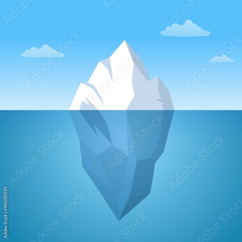 Iceberg floating in ocean illustration. Huge white block of ice drifts along blue current with massive underwater part an arctic rock breakaway from northern antarctic coast. Cartoon frosty vector.