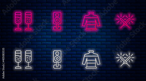 Set line Stereo speaker, Christmas sweater, Glass of champagne and Sparkler firework. Glowing neon icon on brick wall. Vector.