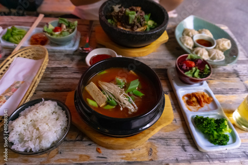 Korean style meal with kimchi soup and rice