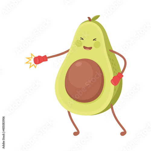 Cute Avocado Boxing with Gloves, Funny Fruit Character Doing Sports, Healthy Eating and Lifestyle, Fitness Concept Cartoon Style Vector Illustration