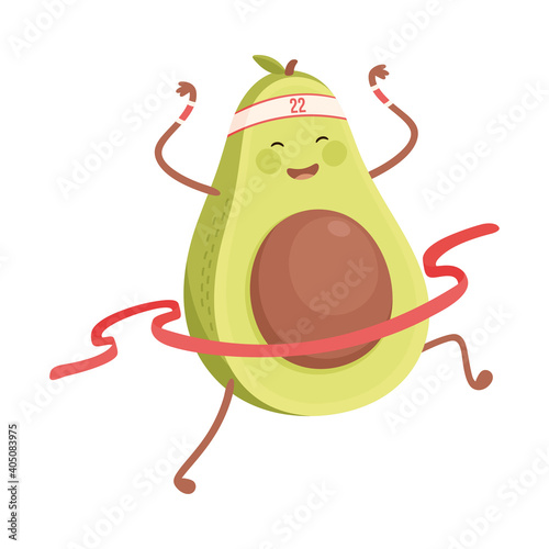 Cute Avocado Crossing Finish Line, Funny Fruit Character Doing Sports, Healthy Eating and Lifestyle, Fitness Concept Cartoon Style Vector Illustration