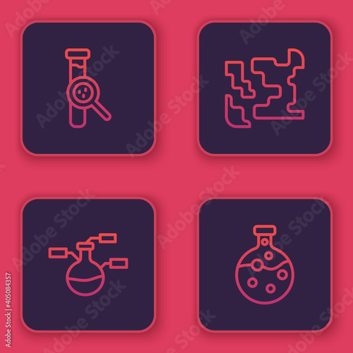 Set line Test tube and flask, , Gaseous and . Blue square button. Vector.