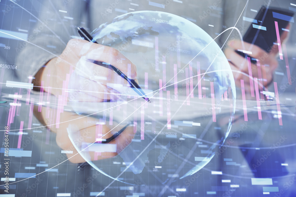 Double exposure of forex chart sketch hologram and woman holding and using a mobile device. Financial market concept. Double exposure of forex chart sketch hologram and woman holding and using a mobile device. Financial market concept.