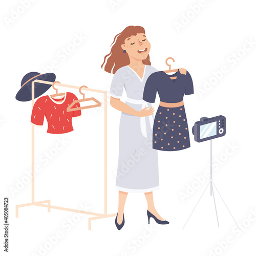 Fashion Blogger Girl Trying New Dress in Clothing Store Recording Video with Camera on Tripod, Blogging, Live Streaming Concept Cartoon Style Vector Illustration