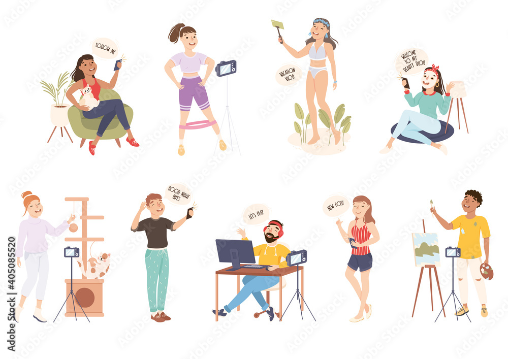 Bloggers Recording Video Using Camera for Online Video Channels Set, Blogging, Social Media Networking Concept Cartoon Style Vector Illustration