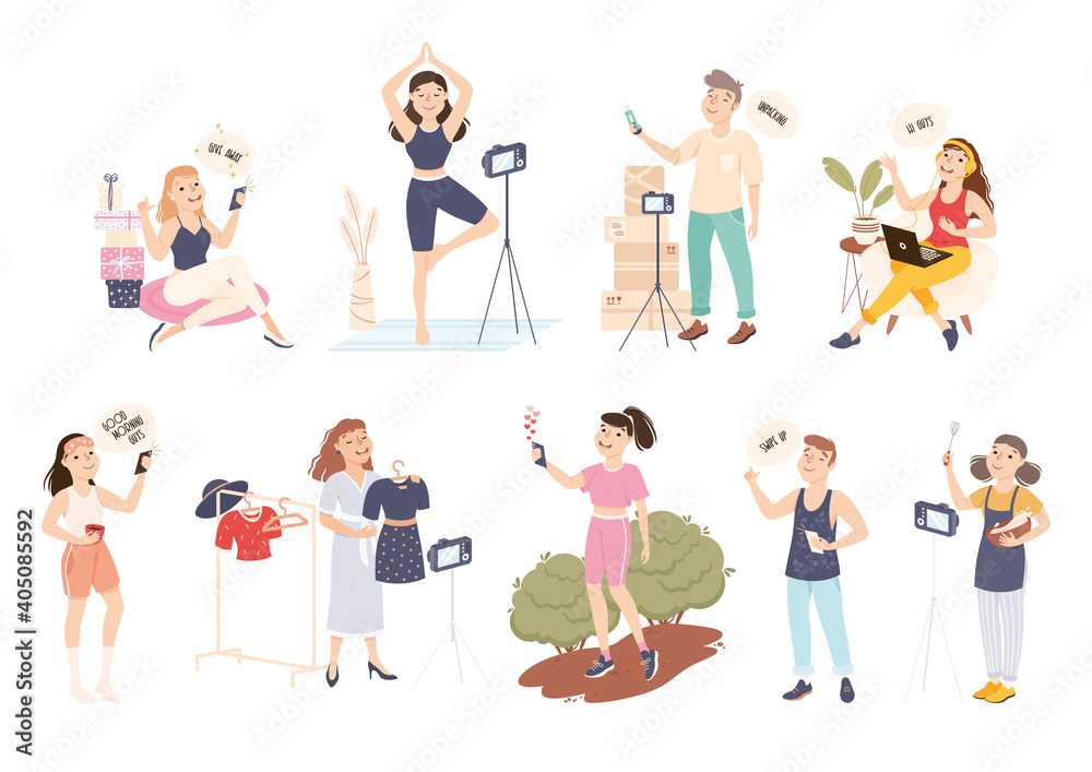 Bloggers Creating Content for Blogs and Streaming Online Set, Blogging, Social Media Networking Concept Cartoon Style Vector Illustration