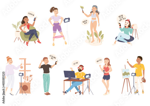 Bloggers Recording Video Using Camera for Online Video Channels Set, Blogging, Social Media Networking Concept Cartoon Style Vector Illustration