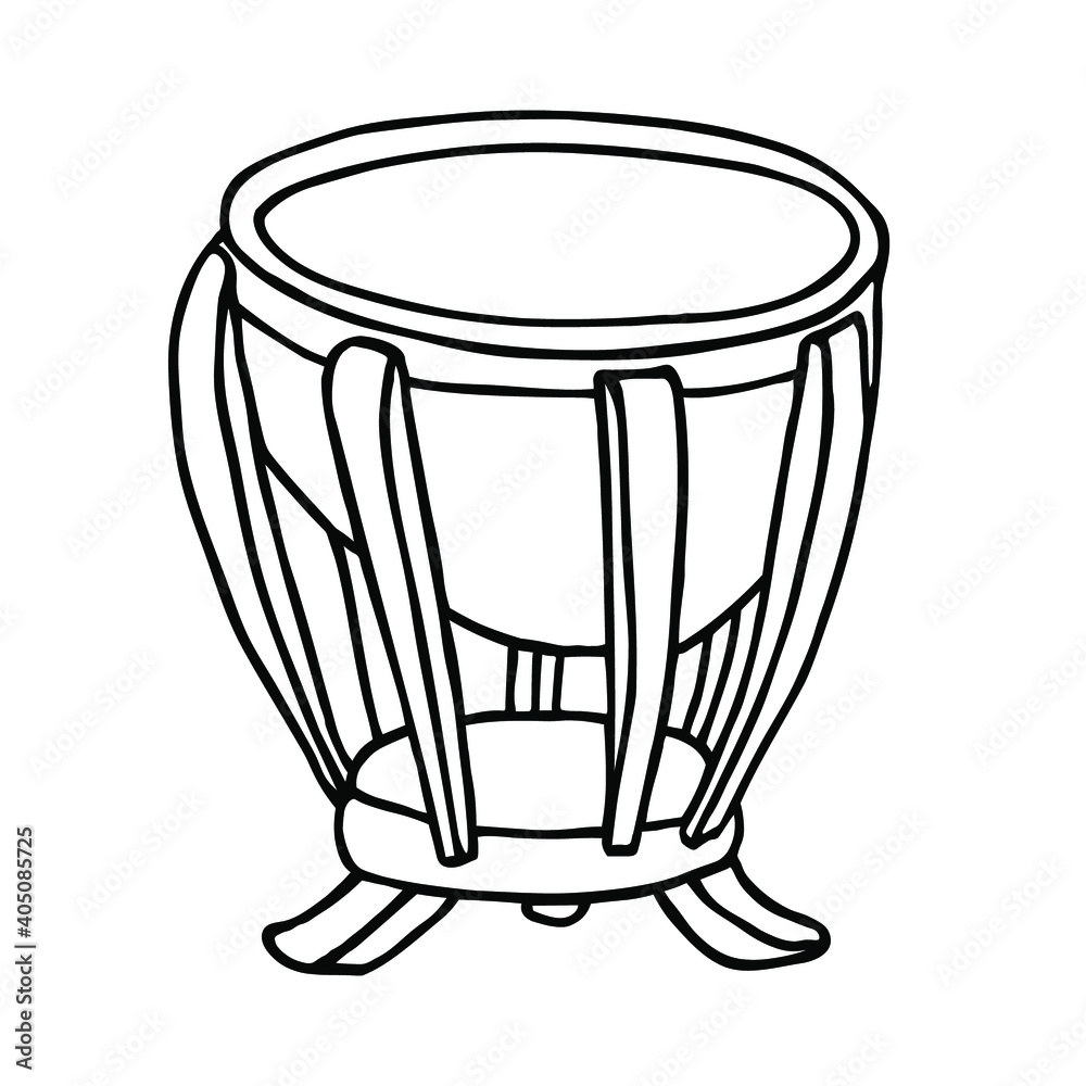 Timpani sketch illustration. Hand drawn black and white percussion