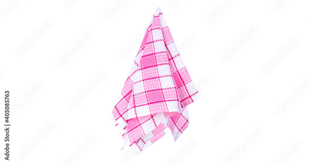 Red  hanging  checkered kitchen towel   isolated on white background. Cooking and cleaning mock up for design