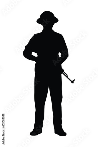 Vietcong soldier with rifle gun in Vietnam war silhouette vector, military man in the battle.