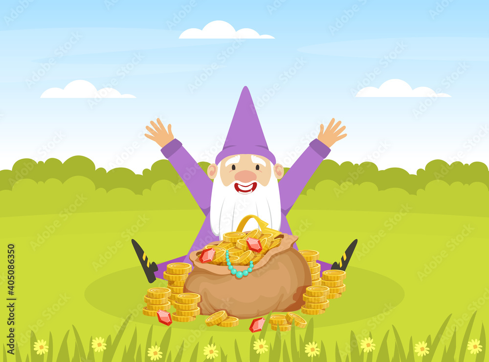 Obraz premium Cute Gnome Sitting on Lawn with Sack of Gemstones, Happy Funny Fairy Tale Dwarf on Summer Landscape Cartoon Vector Illustration
