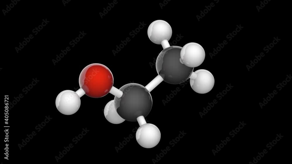 Structural chemical formula and molecular structure of Ethanol (drinking alcohol). Formula: C2H6O or C2H5OH. 3D render. Seamless loop. Isolated and rotating on black background. Ball and Stick chemica Structural chemical formula and molecular structure of Ethanol (drinking alcohol). Formula: C2H6O or C2H5OH. 3D render. Seamless loop. Isolated and rotating on black background. Ball and Stick chemica