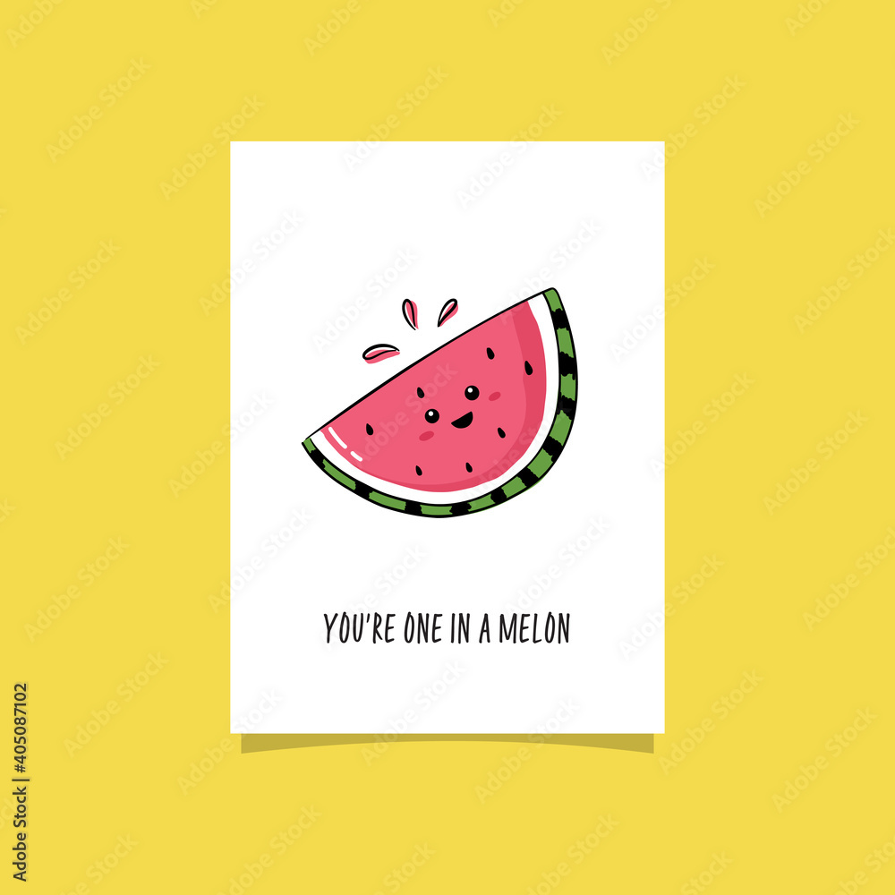 Simple illustration with fruit and funny phrase - You're one in a melon. Cute  watermelon character expressing happy emotions. Stock Vector | Adobe Stock