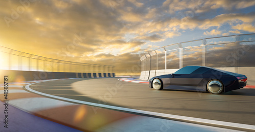 Brandless sport car run on the race track. 3d rendering © jamesteohart