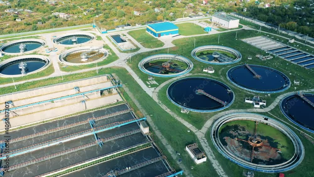 Water treatment plant from above. View from above of the sewage waters ...