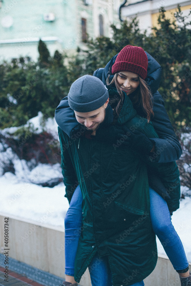 Couple in love on a walk on a winter day Couple in love on a walk on a winter day