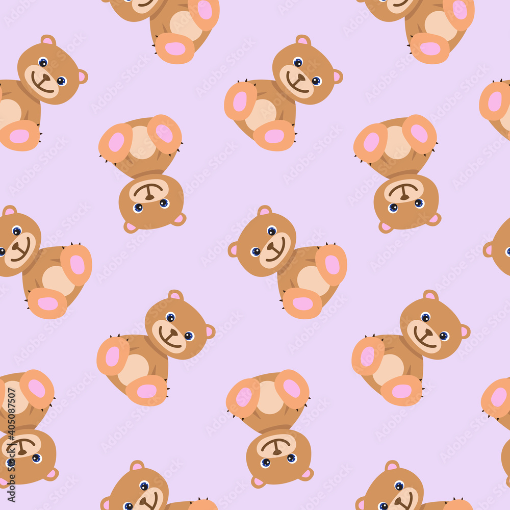 Seamless pattern with cute brown teddy bear in pastel colors. Baby illustration. Cartoon print for kids. Perfect for children clothes, textile, nursery wallpaper, gift wrap, greeting cards